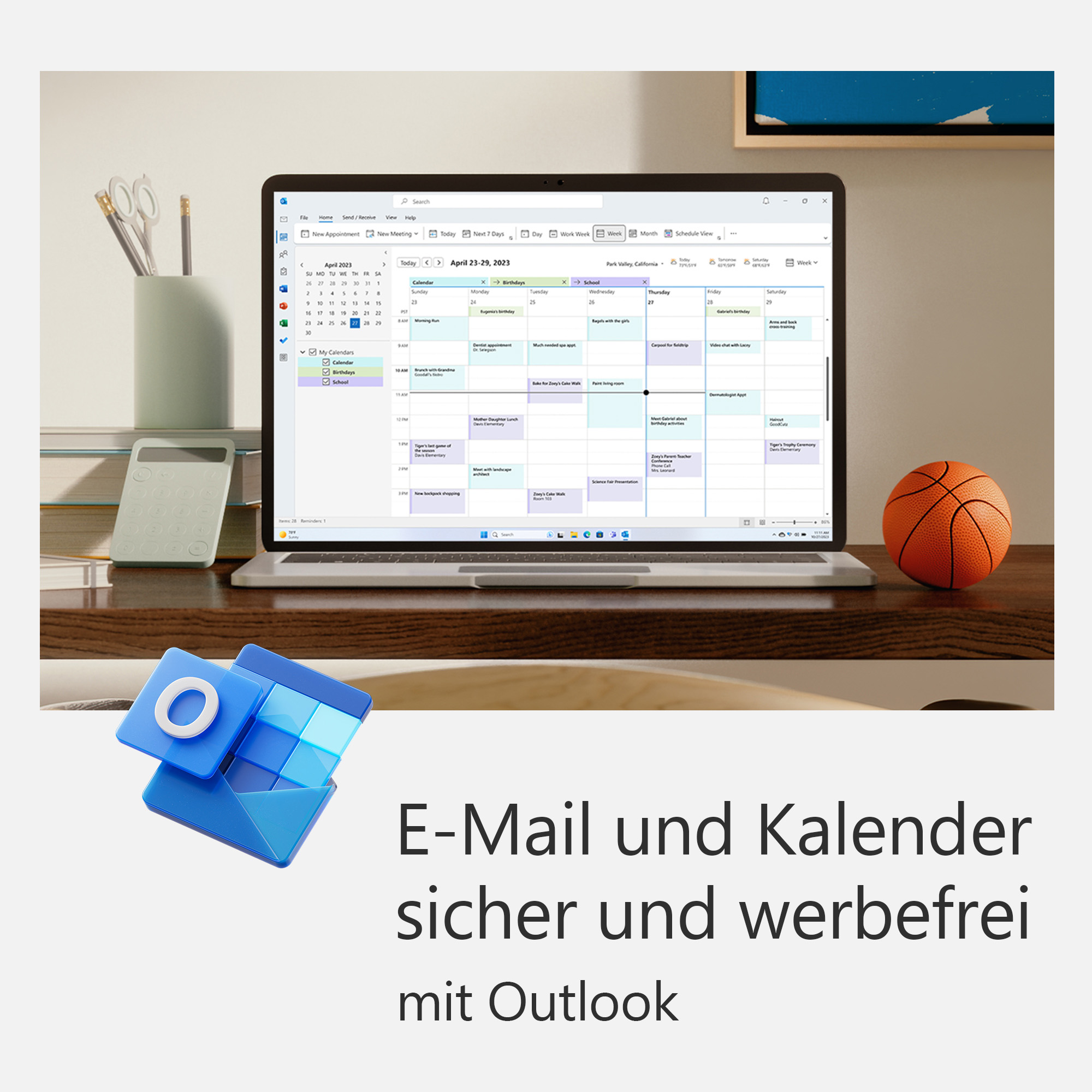 Laptop aperto con calendario. Un logo blu e testo in basso. Testo: E-Mail und Kalender sicher...