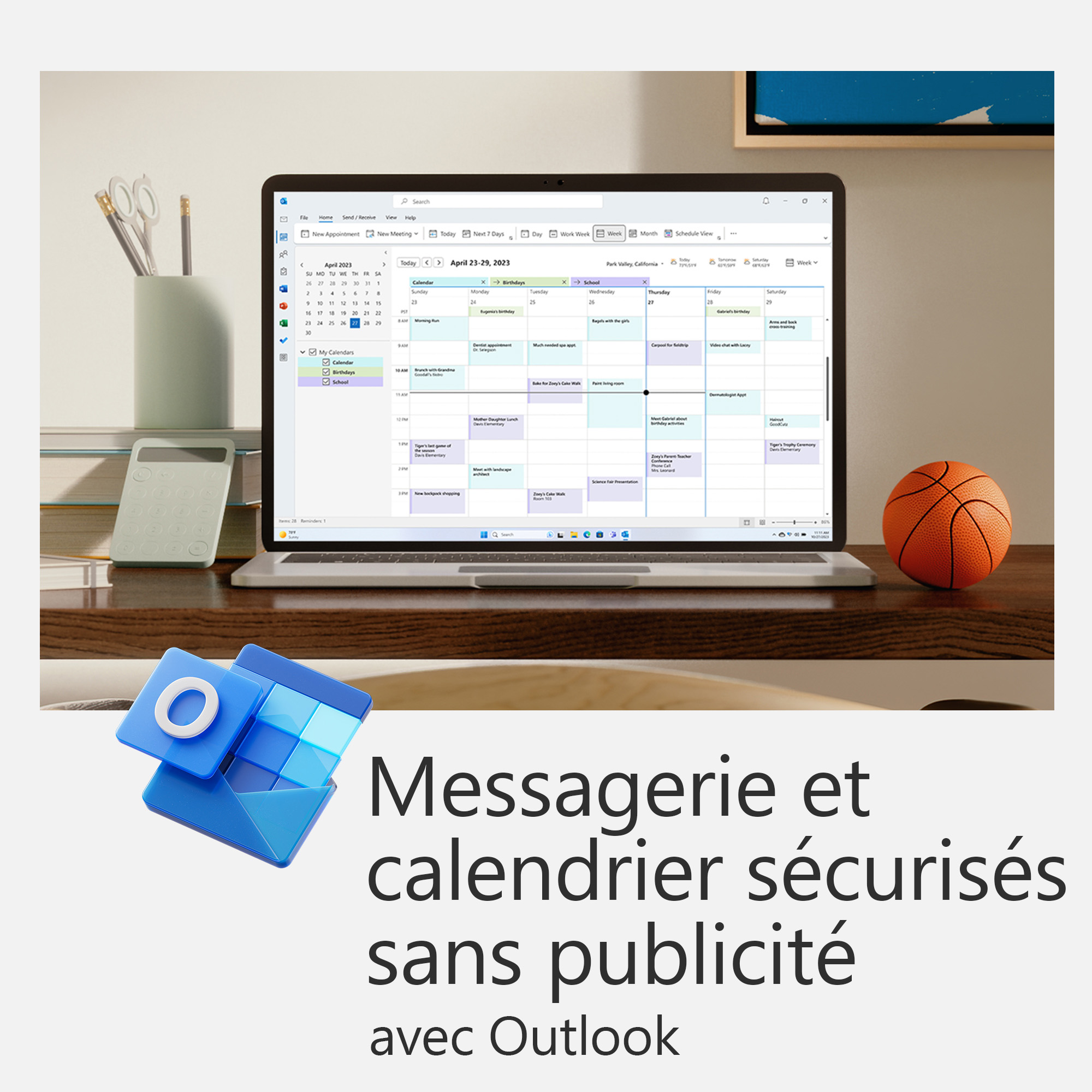 Laptop con calendario. Icona posta. Testo: Messaggistica e calendario sicuri senza pubblicità.