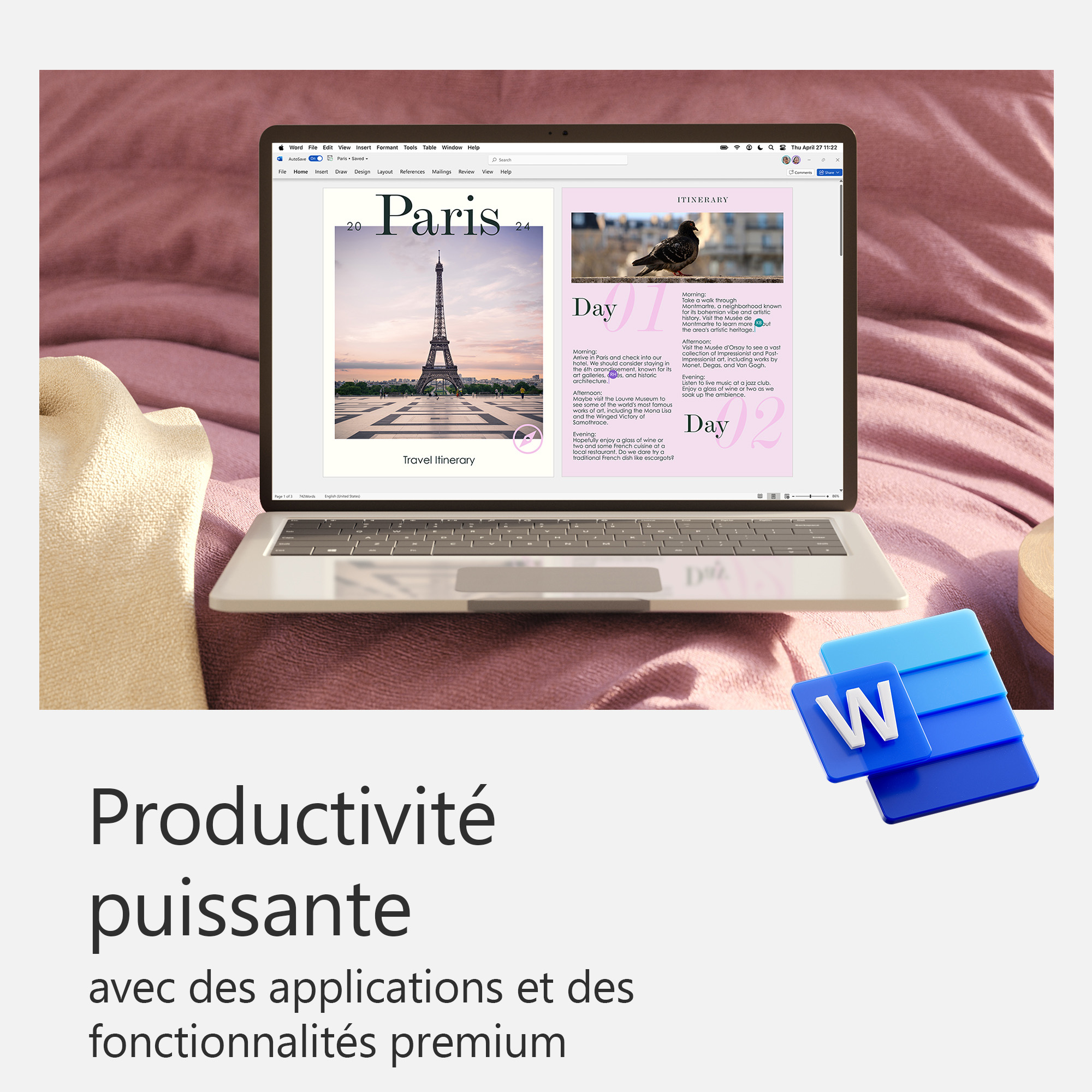 Schermo del laptop con documento Word aperto, lenzuolo rosa e icone di Windows.