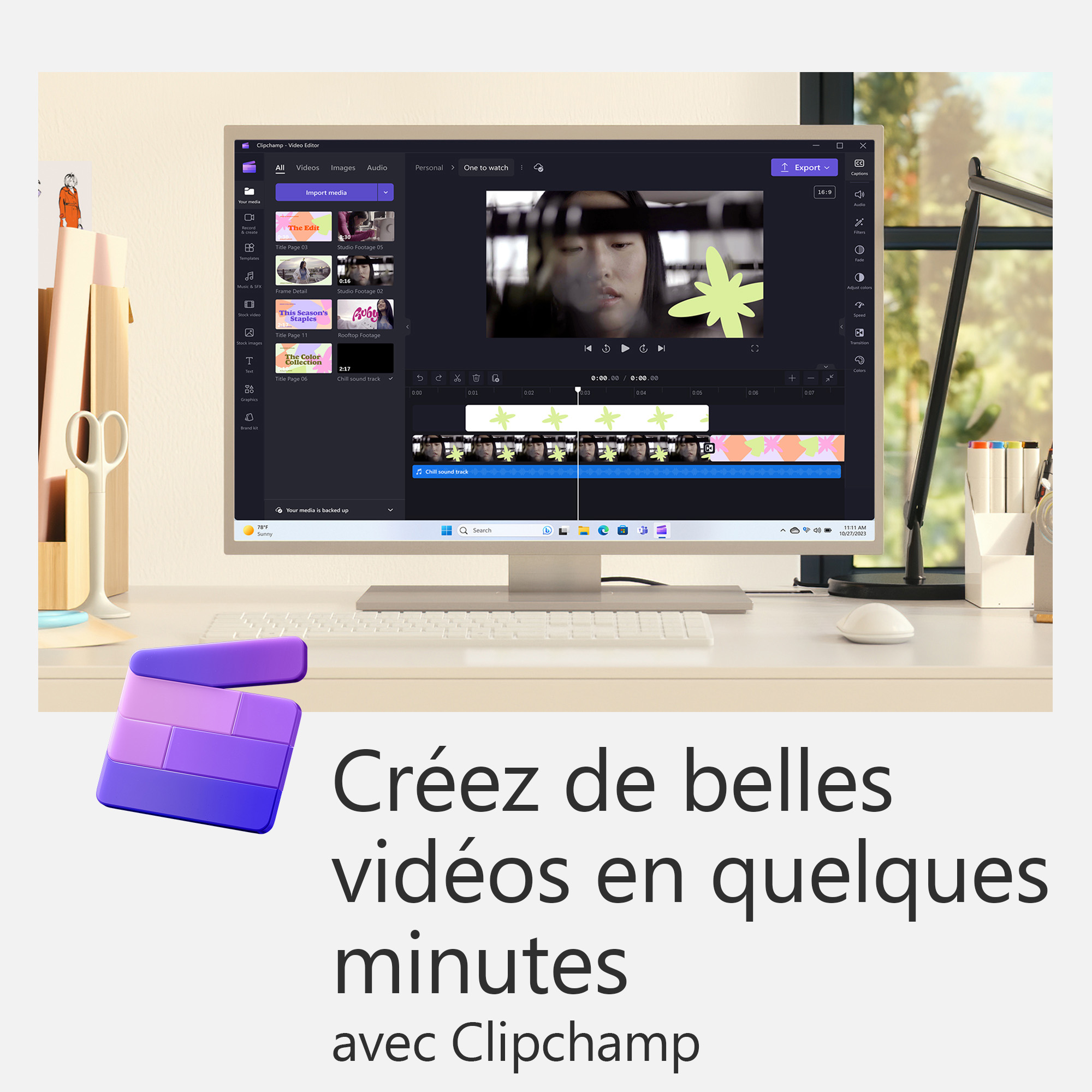 Un computer mostra l'interfaccia di un software di editing video con testo in francese.
