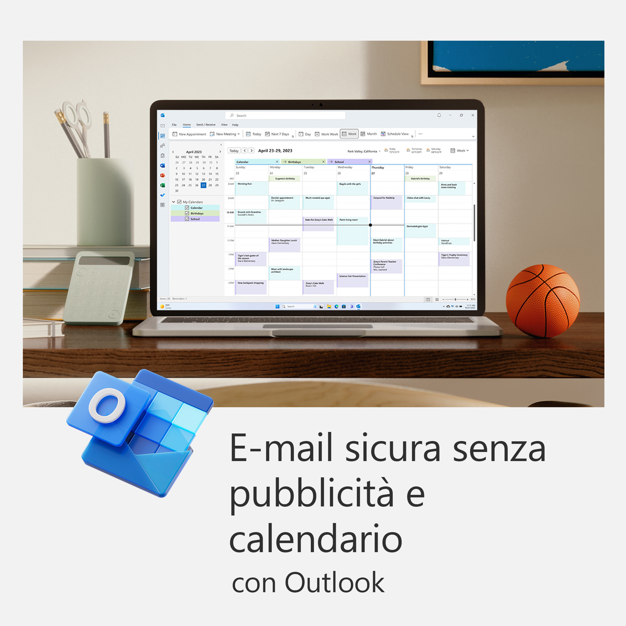 Ein Laptop zeigt einen Kalender und E-Mails. Ein blaues Logo und ein Basketball werden ebenfalls gezeigt.