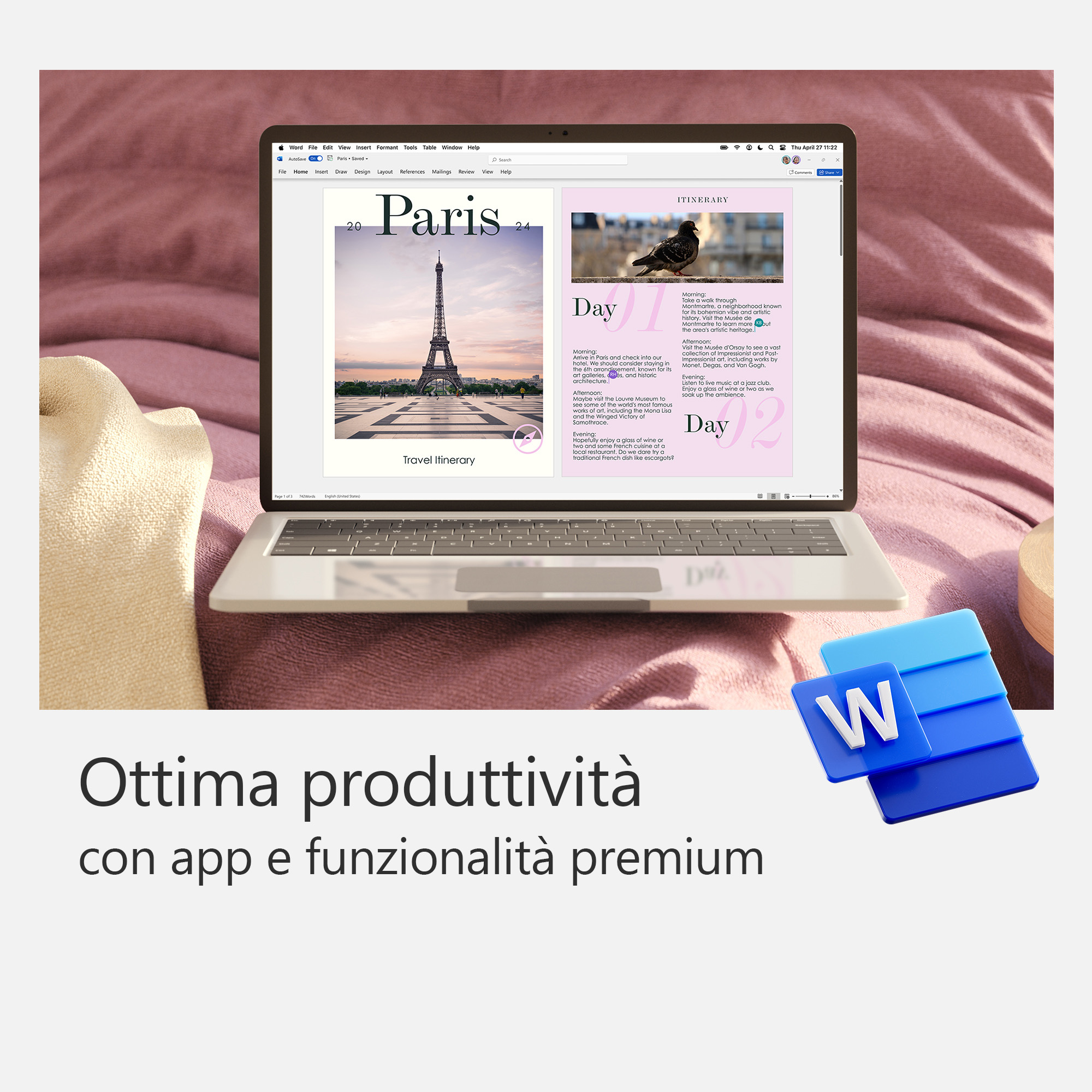 Laptop auf einem Bett mit geöffnetem Word-Dokument. Text "Ottima produttività" darunter.