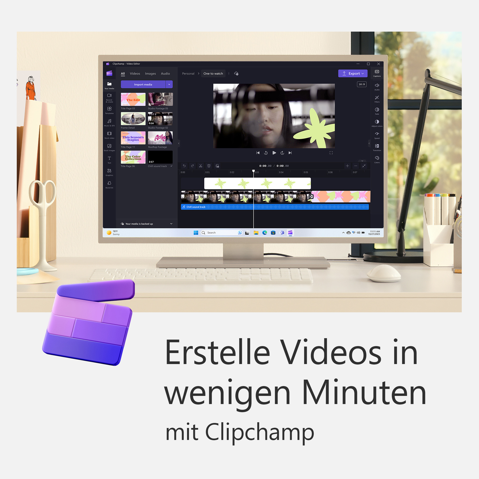 Un écran d'ordinateur montrant un logiciel de montage vidéo avec une étoile verte et le visage d'une femme.