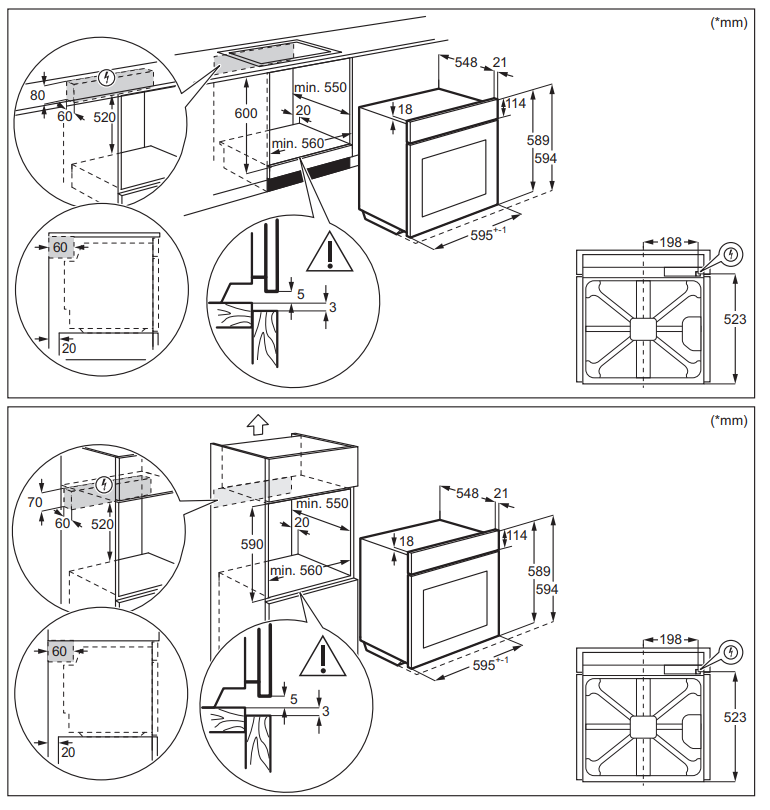 Beépített sütő beszerelési diagramja méretekkel és részletekkel.
