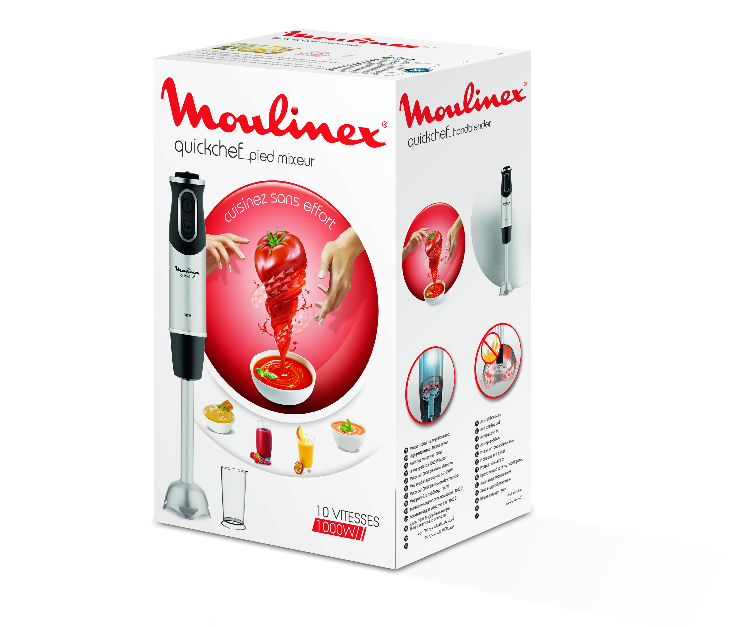 Caja de una batidora de mano Moulinex, con la batidora e imágenes de preparación de alimentos.