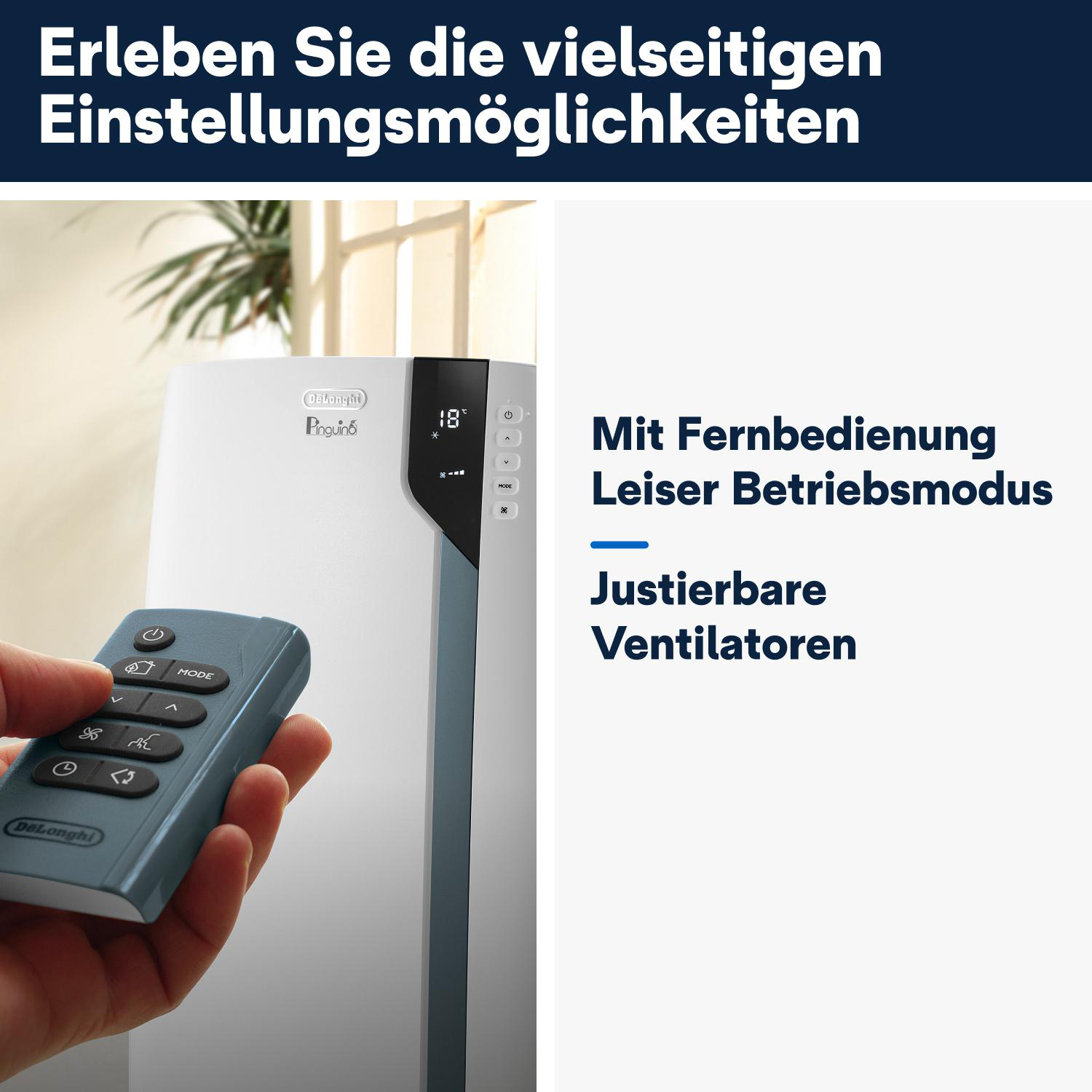 Eine Hand, die eine Fernbedienung hält. Text: 'Einstellbare Ventilatoren'.