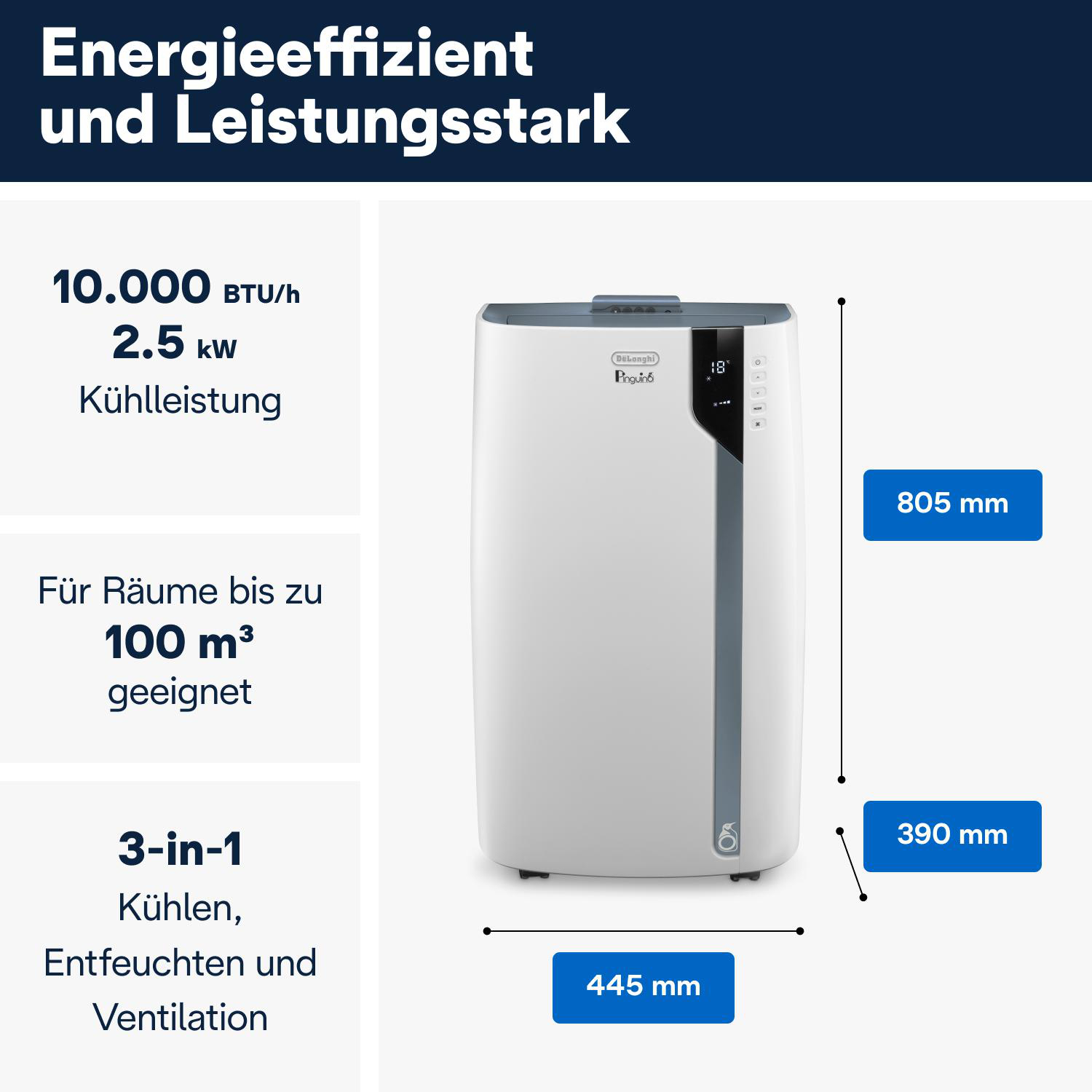Weißer Klimaanlage mit Text, Abmessungen und Spezifikationen auf blauem Hintergrund.