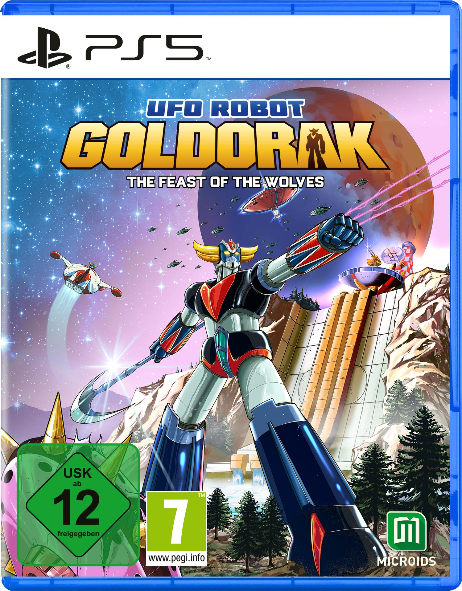 Spielcover: UFO Robot Grendizer, mit einem riesigen Roboter, Weltraumhintergrund und Text. Freigegeben ab 12 Jahren.