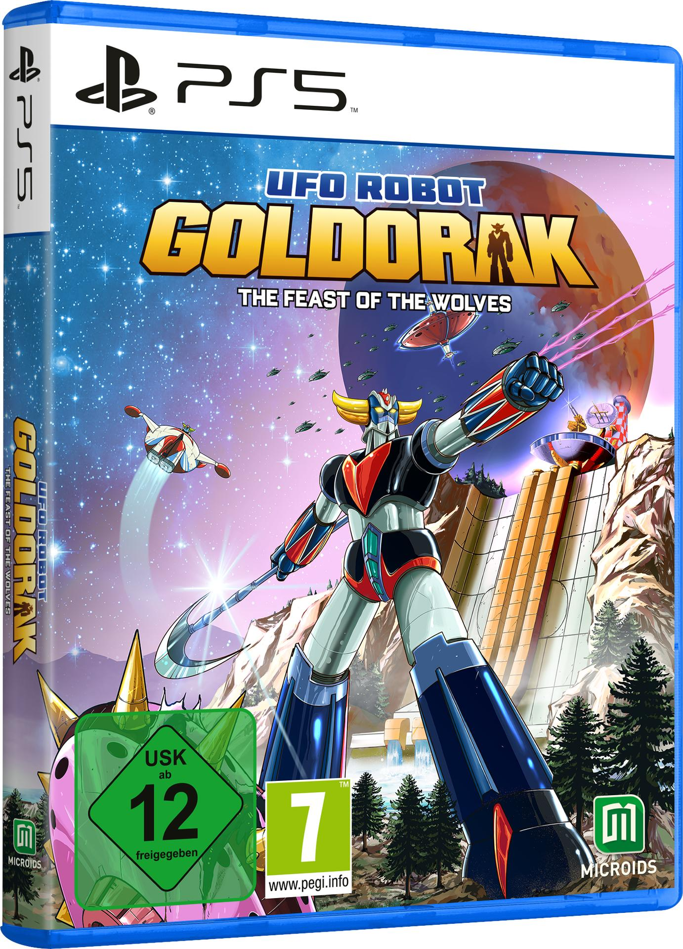 PS5-Spielbox von UFO Robot Grendizer. Es zeigt den Roboter in Aktion vor dem Hintergrund von Weltraum und Bergen.