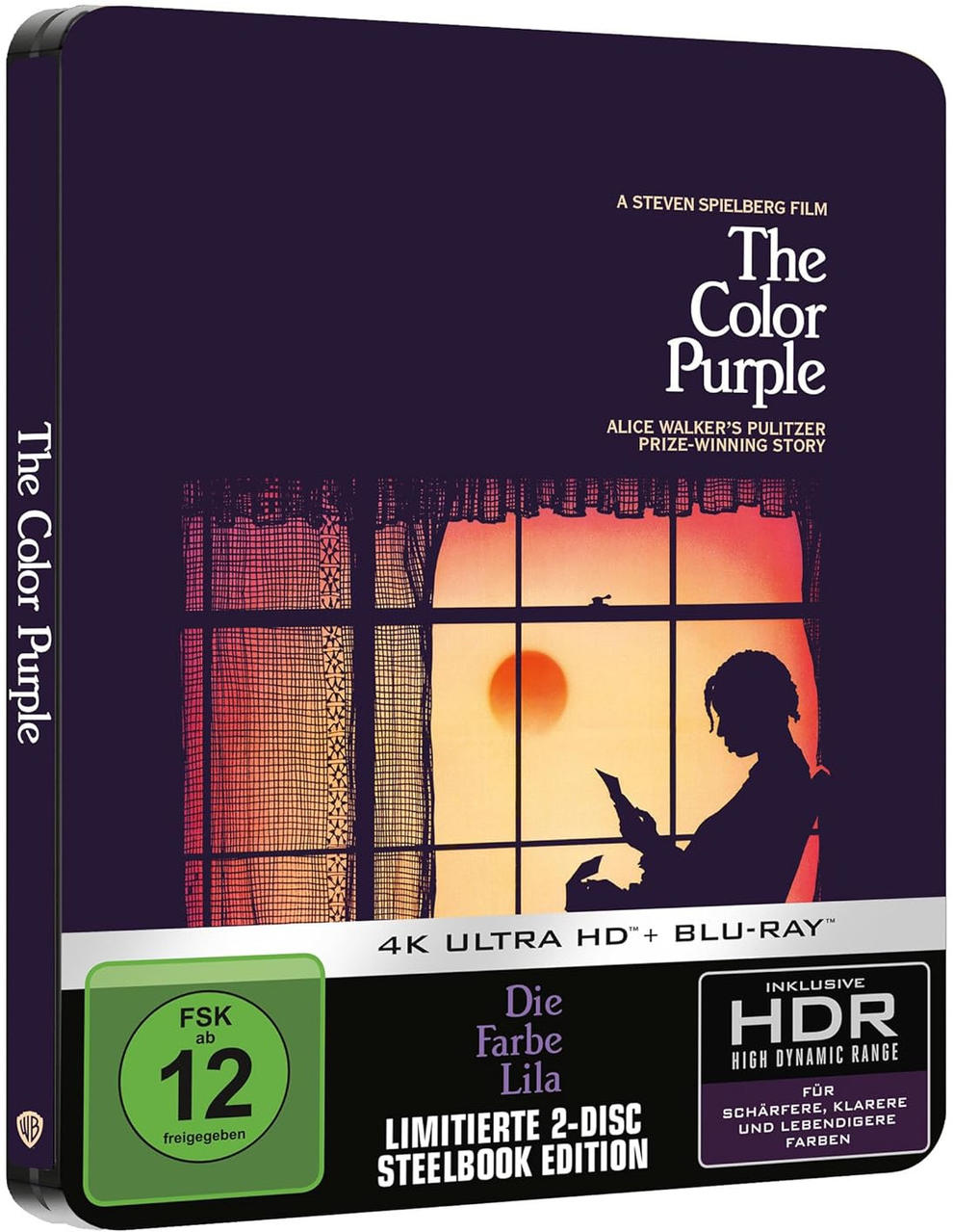 Blu-ray Steelbook von 'The Color Purple' mit einer Silhouette beim Lesen am Fenster.