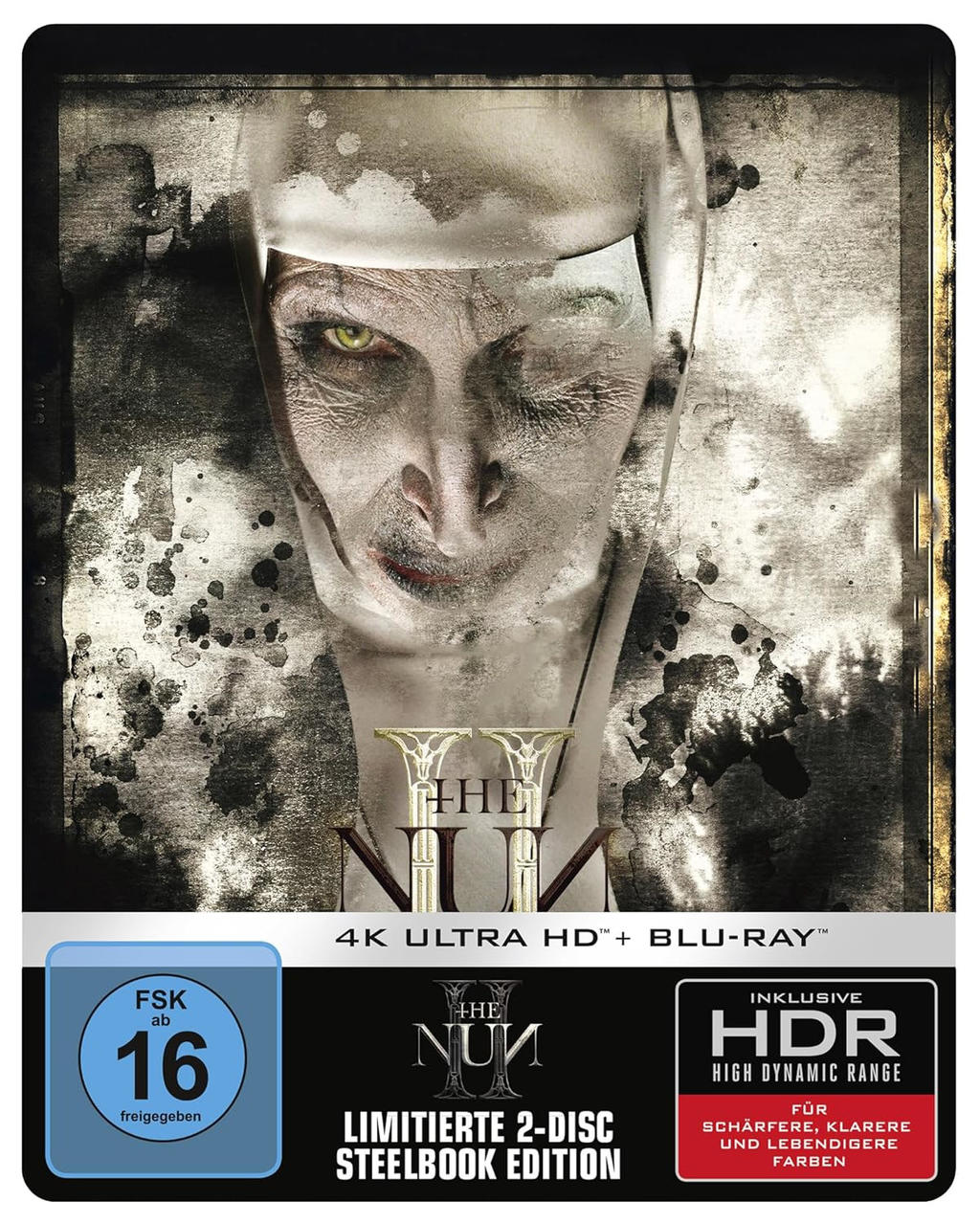 Das Cover des Films The Nun II. Das Gesicht einer Nonne mit verzerrtem Bild. Der Titel steht unten.