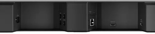 Egy fekete soundbar hátlapja, különböző portokkal és bemenetekkel, Ethernet porttal.