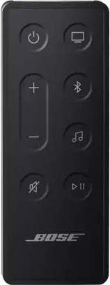 Fekete BOSE távirányító gombokkal: Be/Ki, TV, Hangerő, Bluetooth, Zene, Némítás, Lejátszás.