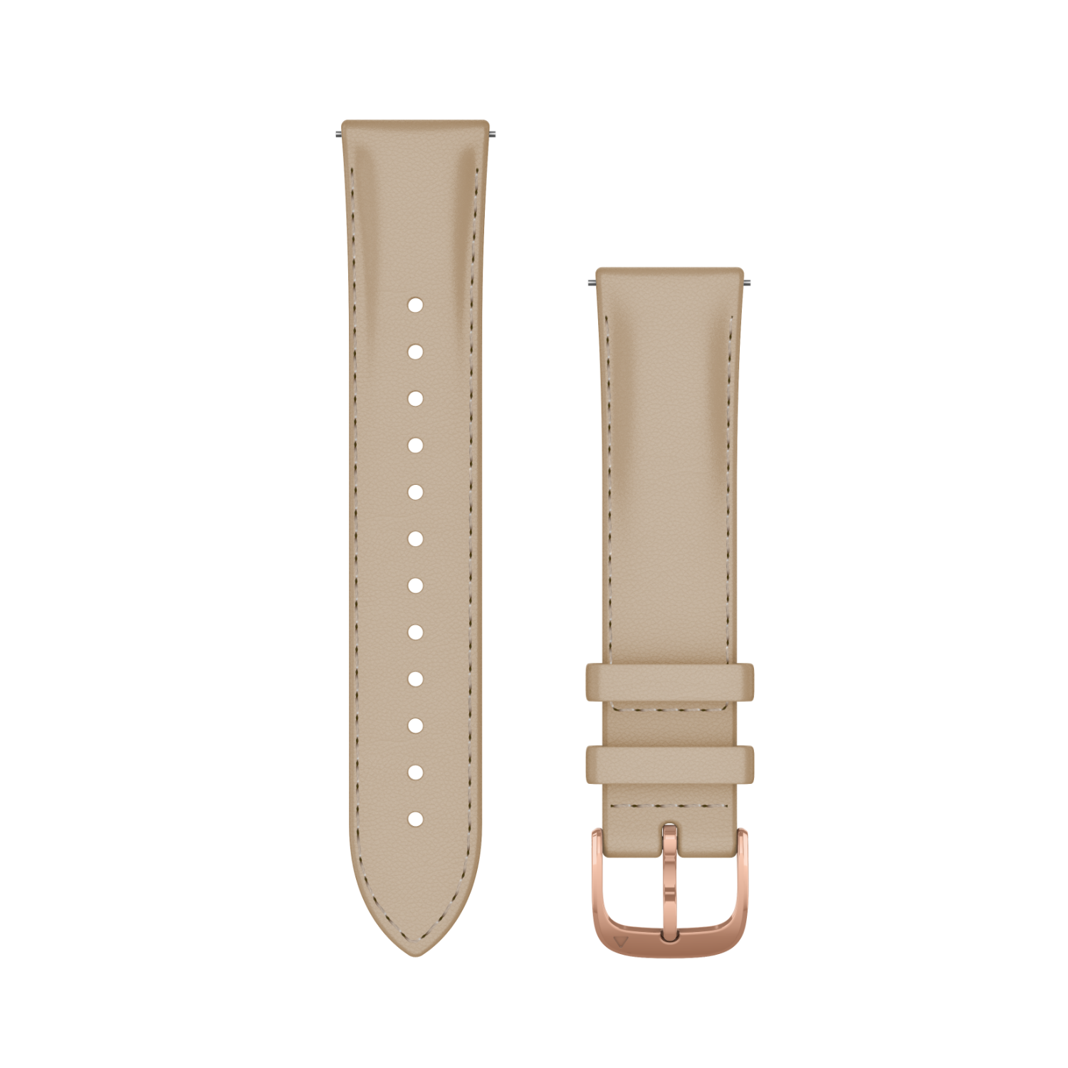 Zwei beige Uhrenarmbänder mit roségoldener Schnalle, vertikal auf schwarzem Hintergrund angeordnet.