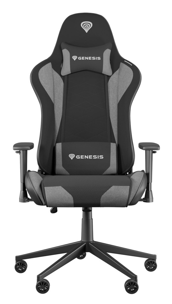 Krzesło gamingowe w czarno-szarej kolorystyce z marką 'GENESIS'.