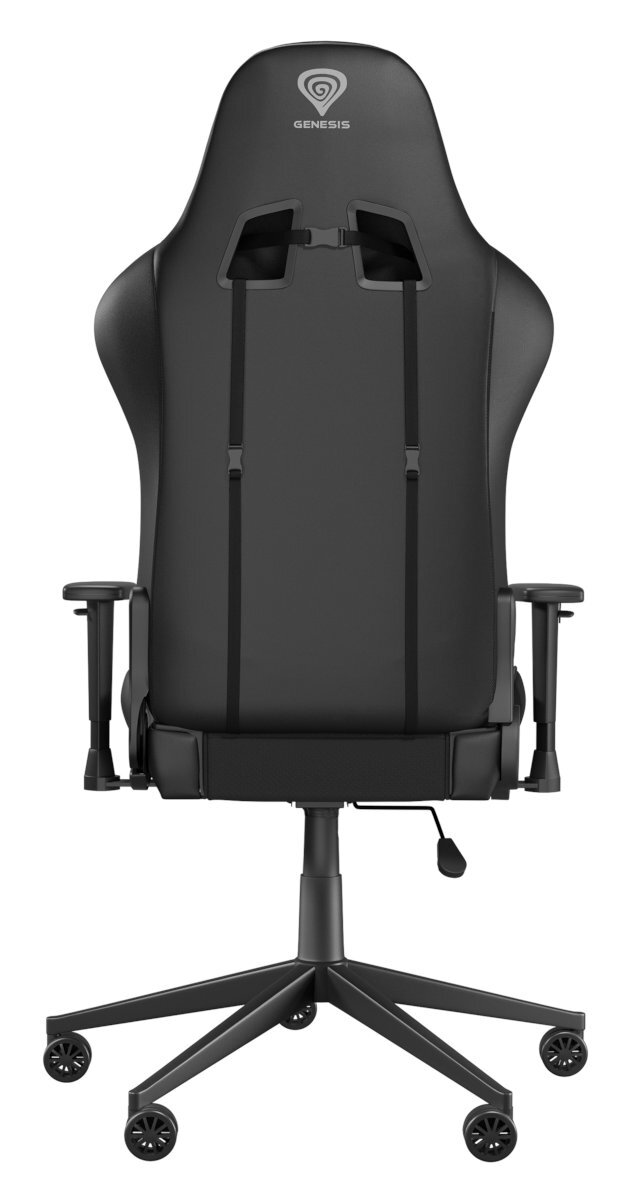 Czarny fotel gamingowy z tyłu. Ma wysokie oparcie, podłokietniki i podstawę z pięcioma gwiazdkami.