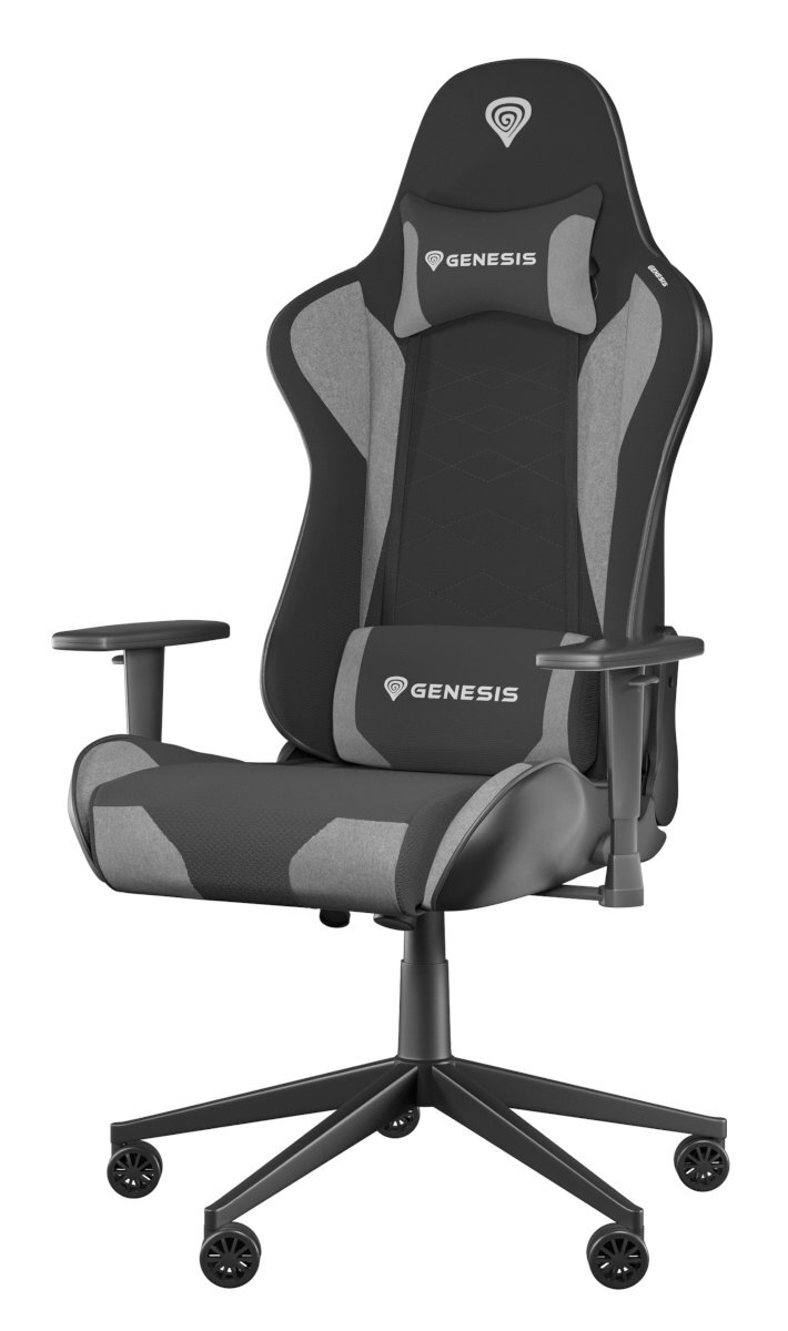 Czarny i szary fotel gamingowy. Ma wysokie oparcie, zagłówek, podparcie lędźwiowe i podłokietniki. Białe tło.