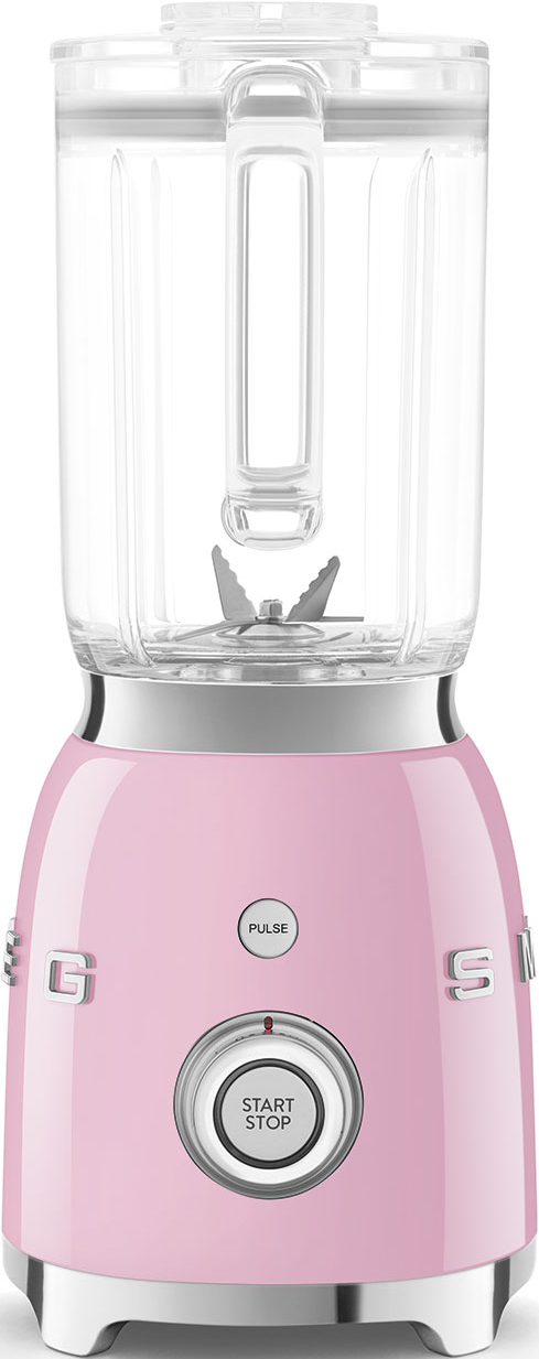 Pinker Mixer mit weißem Deckel. Vorne Start/Stopp-Taste und silberne Akzente.