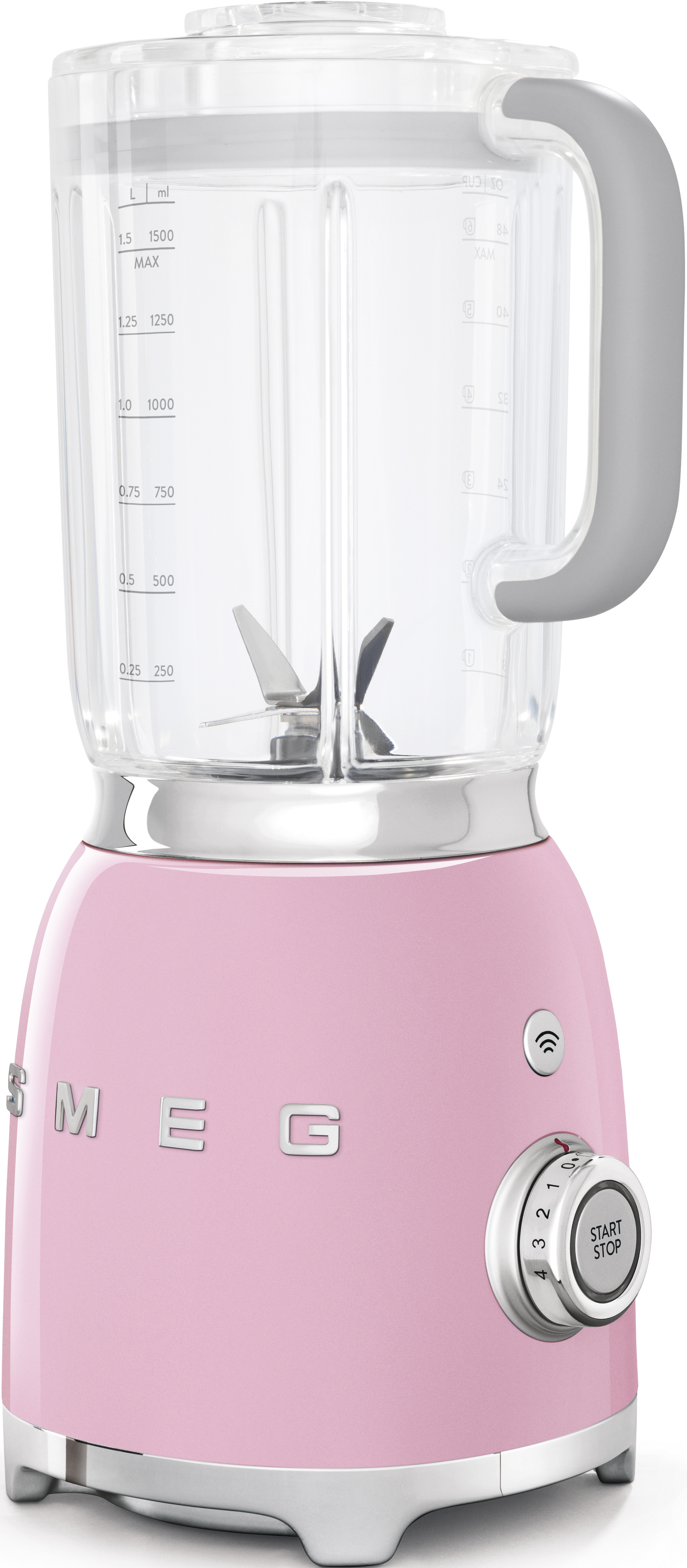 Rosa Mixer mit einem durchsichtigen Glasbehälter. Silberner Sockel und ein grauer Griff. Start/Stopp-Taste sichtbar.