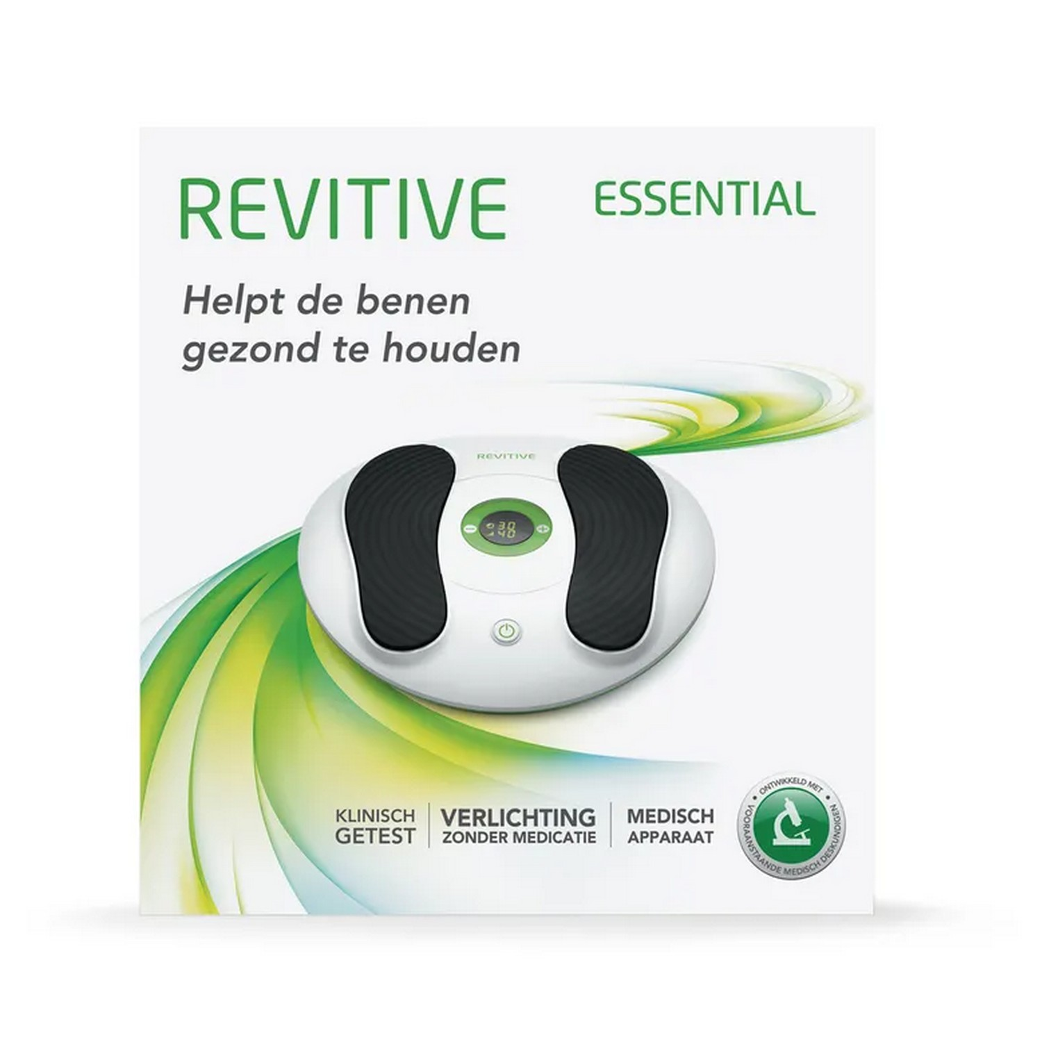 White and black Revitive Essential device on box. Text on box: Helps keep legs healthy.