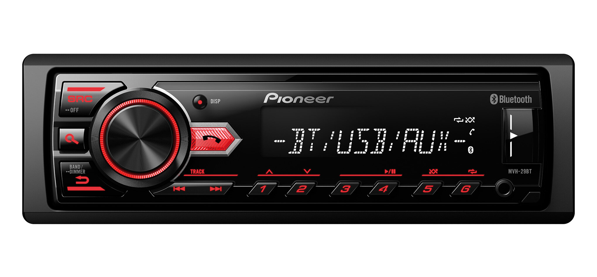 Czarny radioodtwarzacz samochodowy z wyświetlaczem, przyciskami i logo Pioneer.