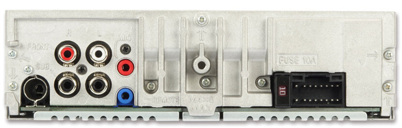 Tył radia samochodowego z wieloma portami, w tym RCA i bezpiecznikiem.