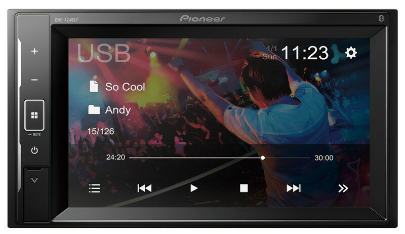 Radio samochodowe Pioneer, ekran z informacjami o utworze.