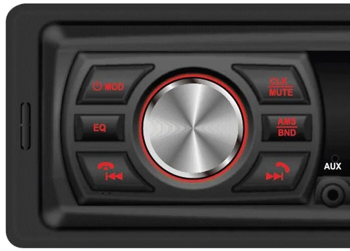 Zbliżenie radia samochodowego z różnymi przyciskami i centralnym srebrnym pokrętłem.