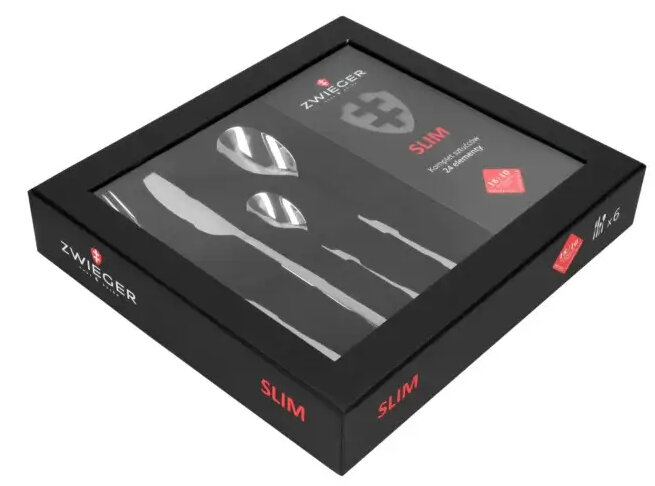 Czarny zestaw pudełkowy zawierający zestaw sztućców z łyżkami, nożami i widelcami, na białym tle.