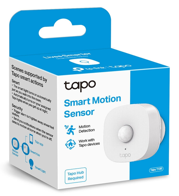 Biały inteligentny czujnik ruchu w niebiesko-białym pudełku z informacjami o produkcie.