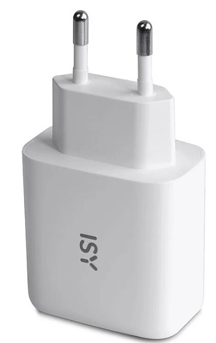 Biała ładowarka do telefonu z dwoma srebrnymi bolcami i logo ISY.
