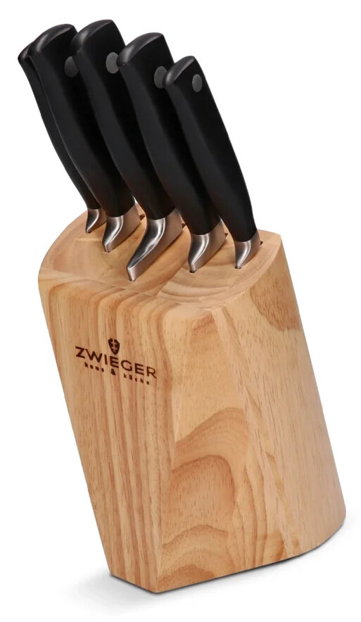 Zestaw noży w drewnianym bloku z logo 'Zweiger'.