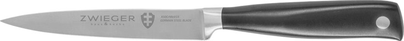 Nóż kuchenny ze srebrnym ostrzem i czarnym uchwytem. Widoczna nazwa marki 'Zwieger'.