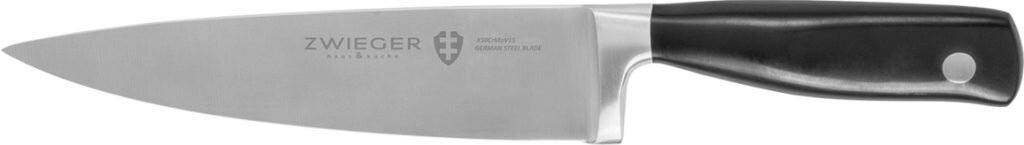 Nóż szefa kuchni z czarnym uchwytem i napisami "ZWIEGER" i "GERMAN STEEL BLADE" na ostrzu.