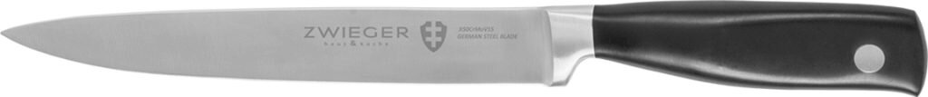 Nóż kuchenny z czarną rękojeścią i srebrnym ostrzem. Logo ZWIEGER na ostrzu.