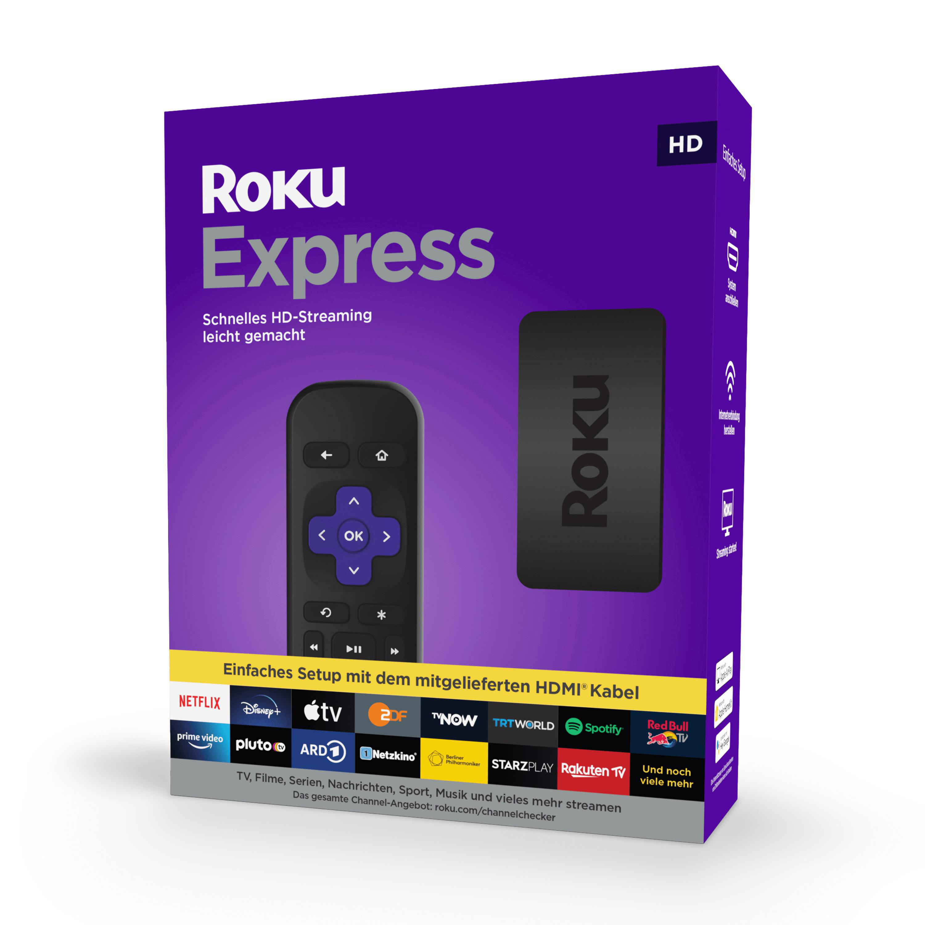 Eine Roku Express Box mit Fernbedienung und Text.