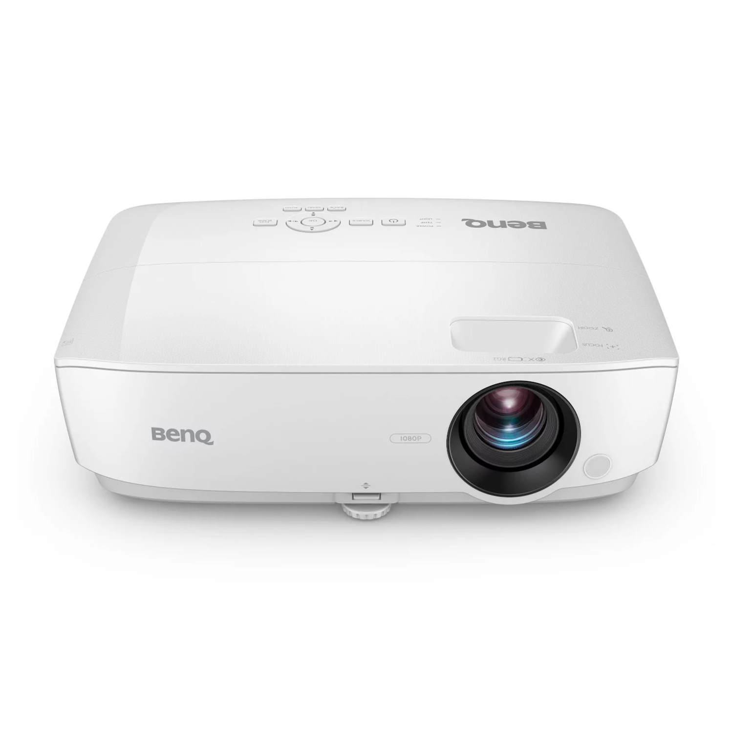 Proiettore BenQ bianco, vista dall'alto, con il pannello di controllo superiore.