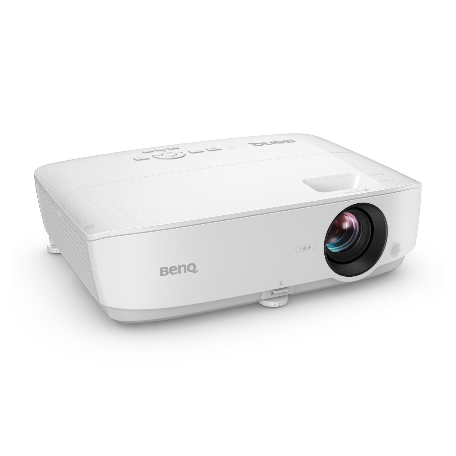 Proiettore BenQ bianco, vista angolata, con l'obiettivo visibile.