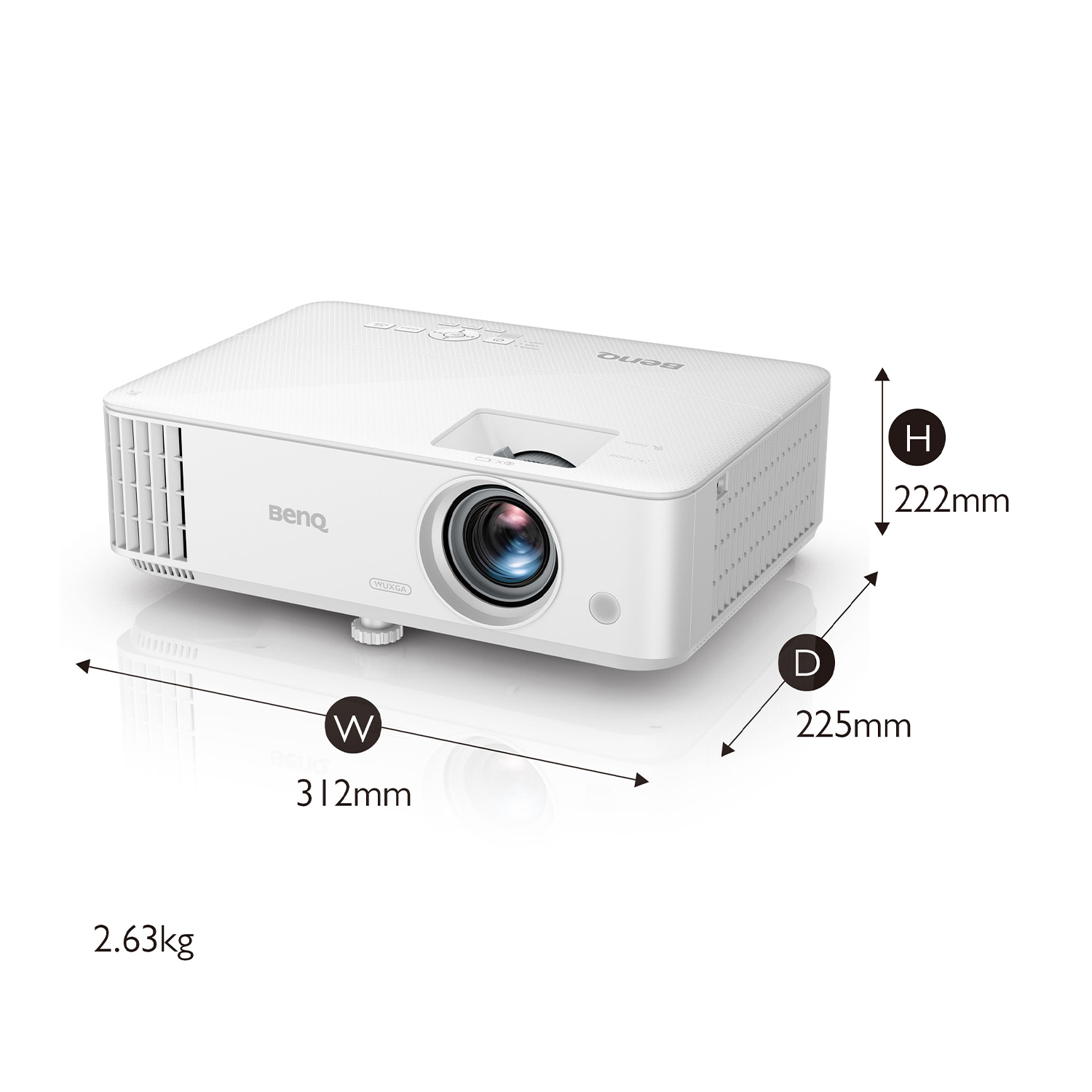 Proiettore BenQ bianco, con dimensioni e peso indicati.