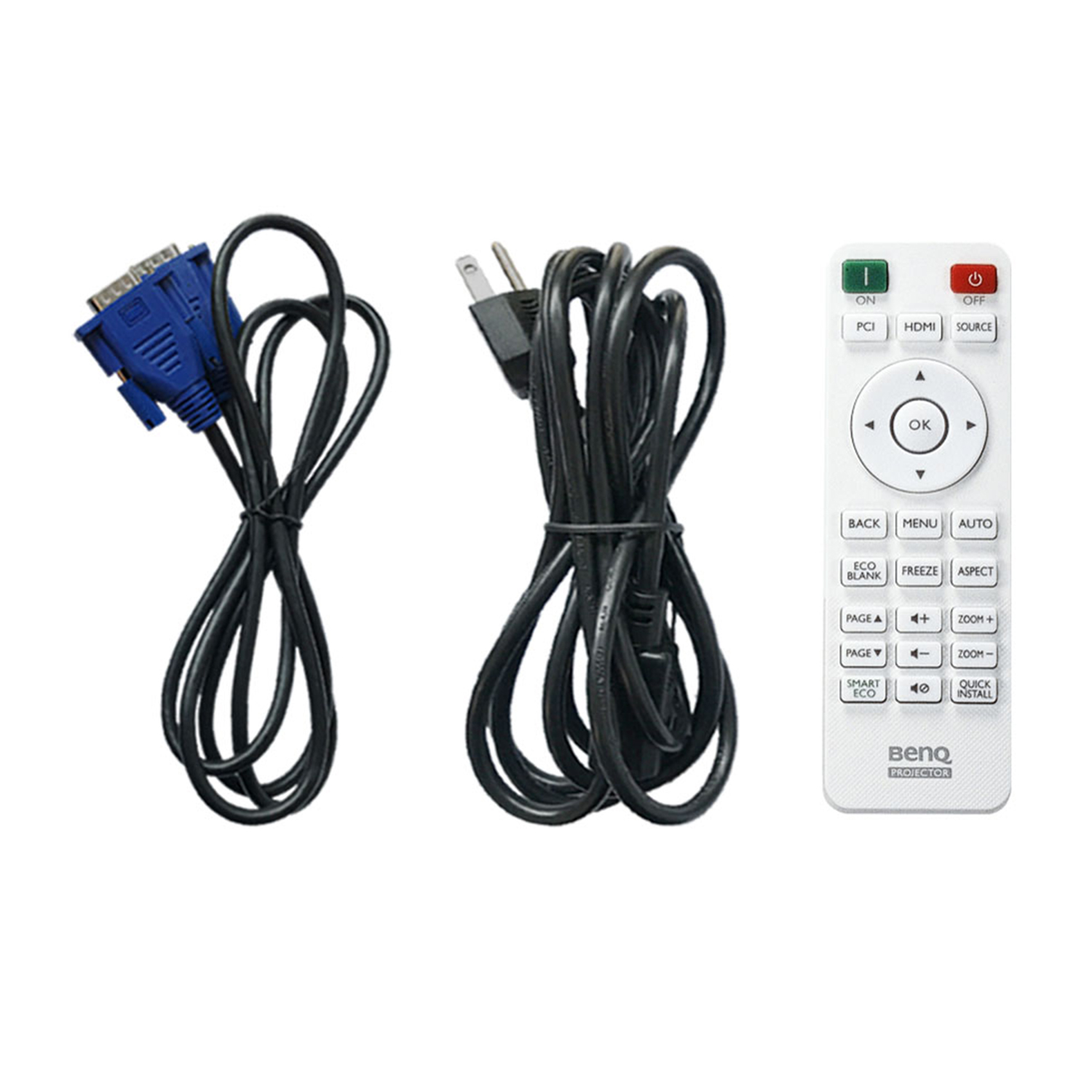 Accessori del proiettore BenQ: cavi e telecomando.