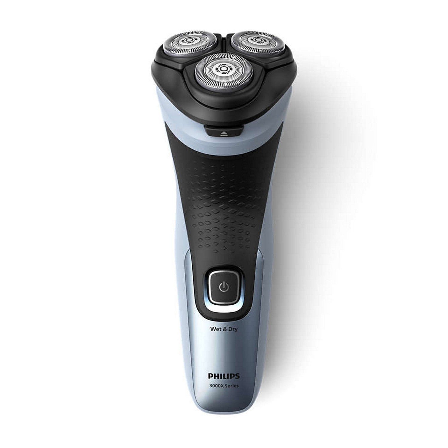 A Philips electric shaver, blue and black, with a power button.
