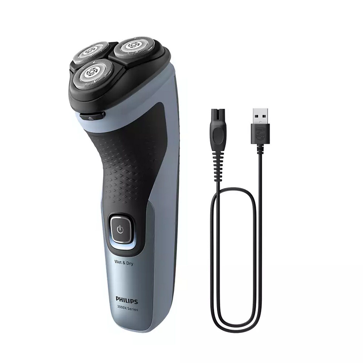 Electric shaver with a charging cable, on white background.