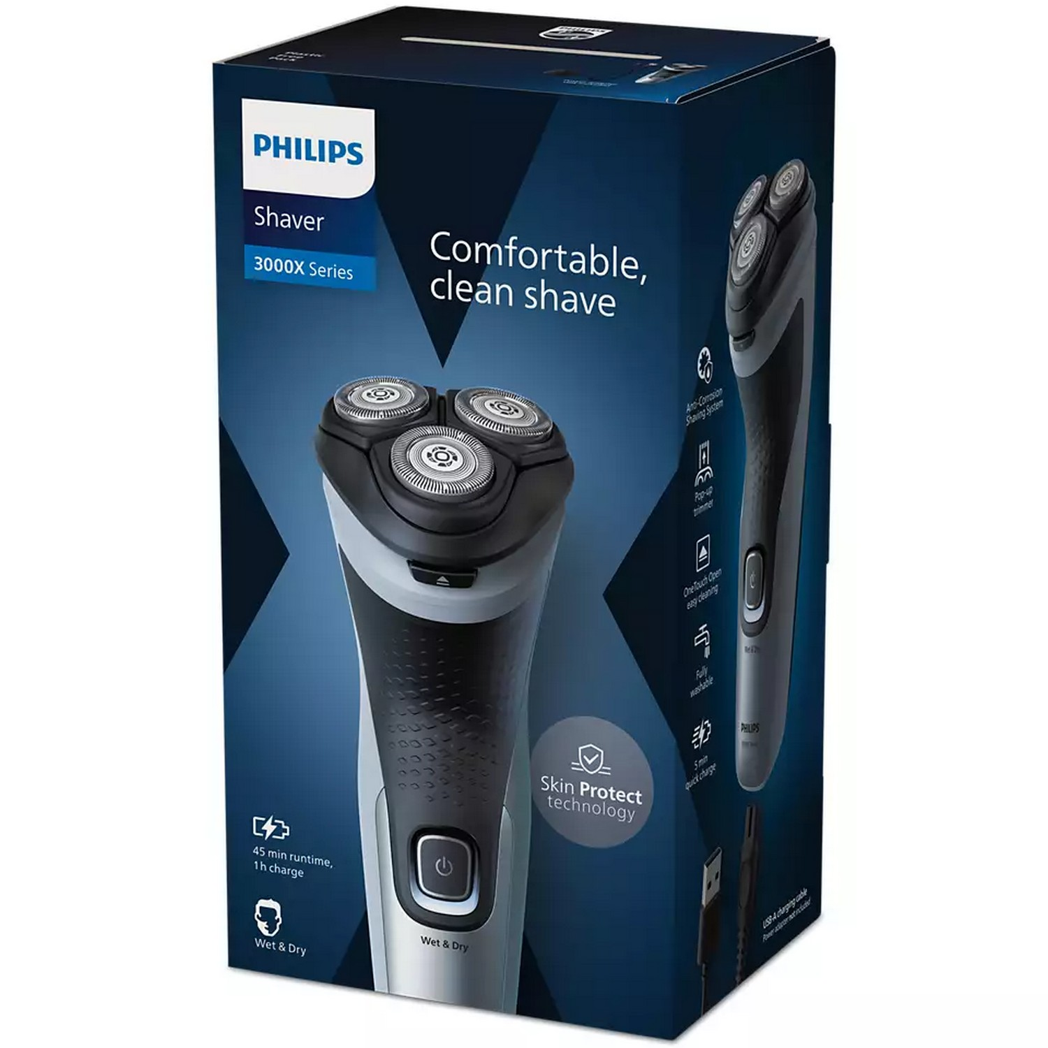 Boxed Philips shaver with text and illustrations, side view, white background.