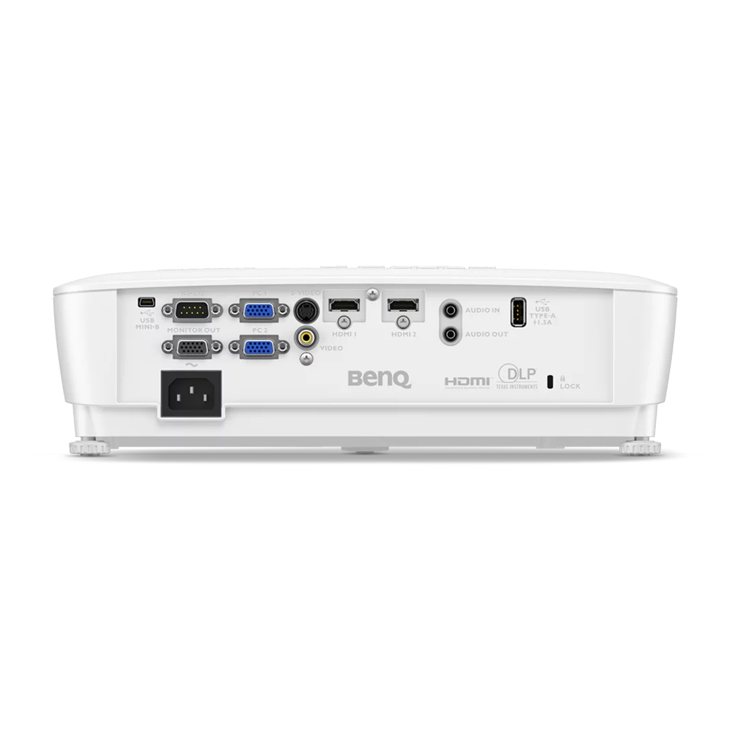 Vista posteriore del proiettore BenQ bianco con porte. HDMI, audio, USB e ingresso alimentazione visibili.
