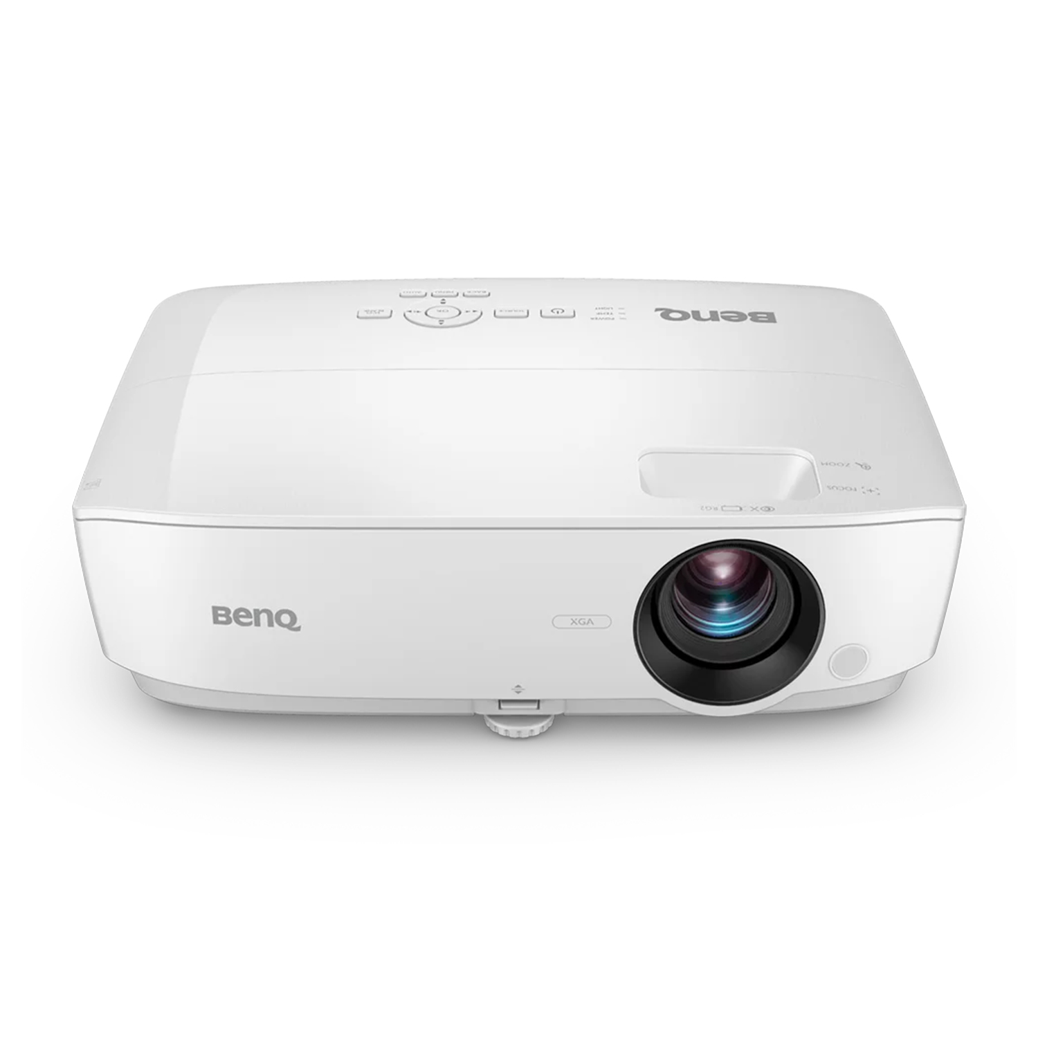 Proiettore BenQ bianco, vista dall'alto. Lente, pulsanti di controllo e logo BenQ visibili.