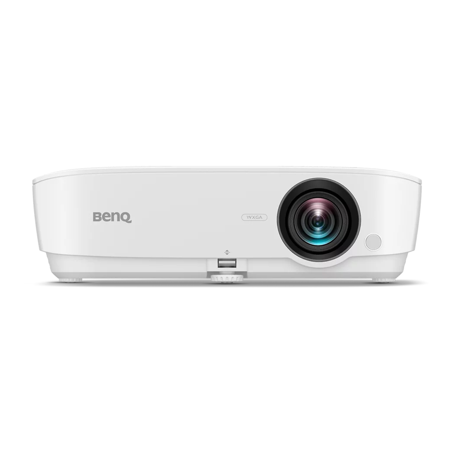 Proiettore BenQ bianco, vista frontale. Lente, logo BenQ e piccolo pannello di controllo visibili.