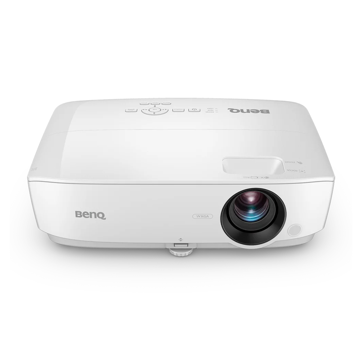 Proiettore BenQ bianco, vista dall'alto. Pulsanti di controllo, lente e logo BenQ visibili.