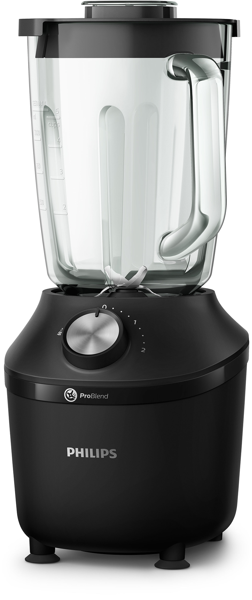 Fekete turmixgép üvegkancsóval és szabályozó tárcsával. Philips ProBlend.