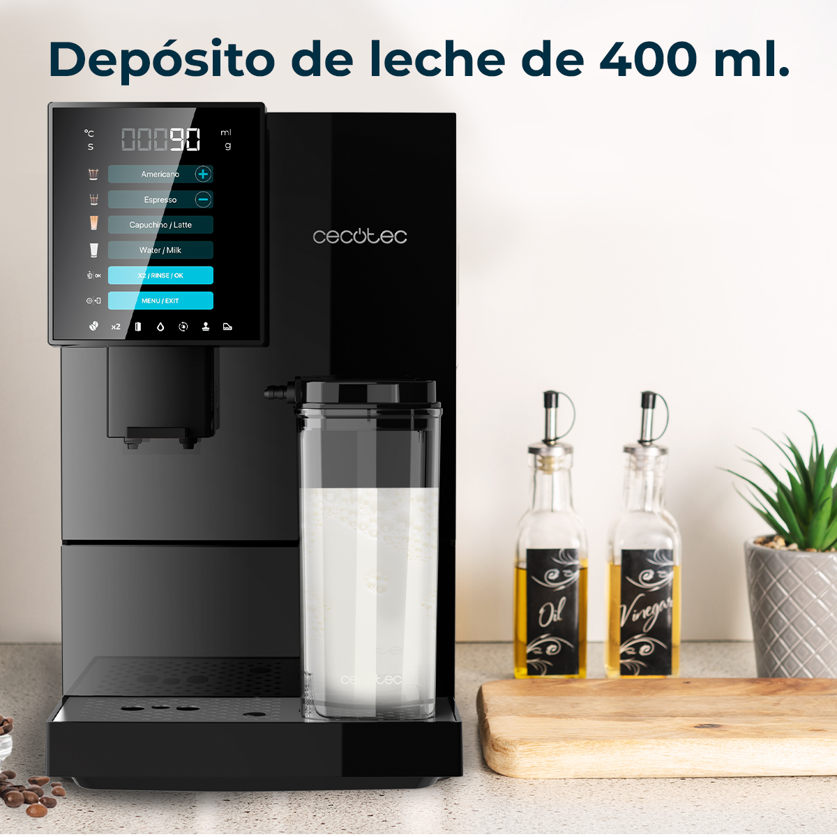 Una cafetera negra con depósito de leche y texto.