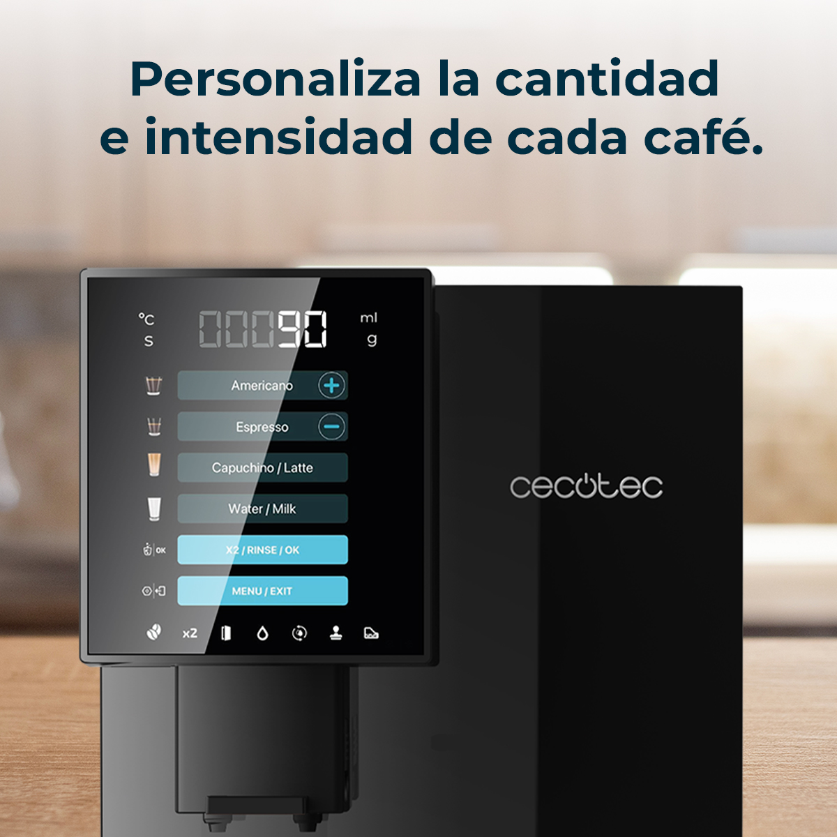 Pantalla negra de cafetera con botones táctiles y pantalla digital.